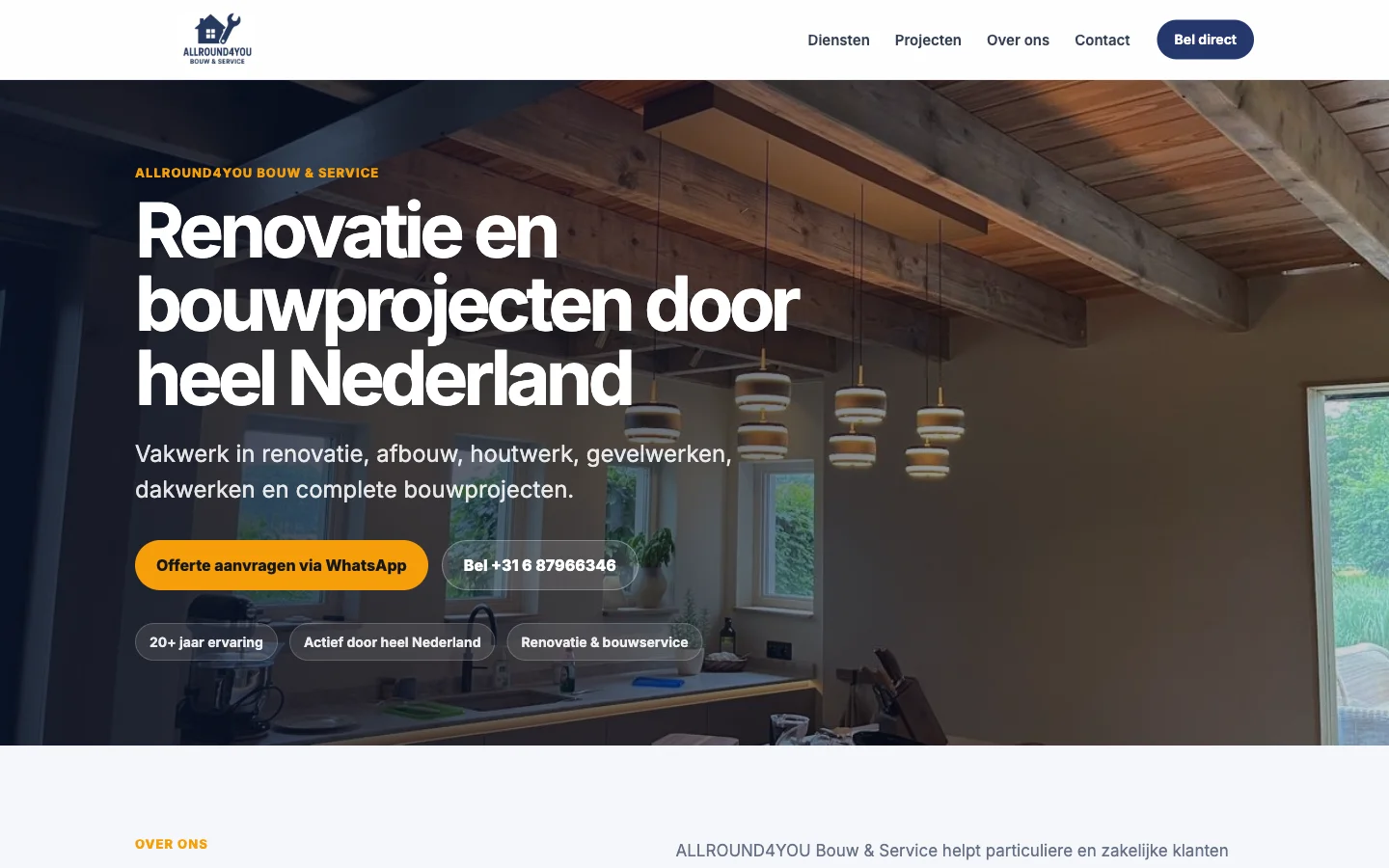 Desktop screenshot of the ALLROUND4YOU homepage hero: headline, WhatsApp and call buttons, and three trust badges over a project photo