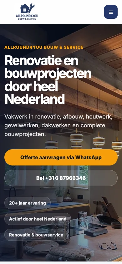 Mobile screenshot of the ALLROUND4YOU hero section, with the headline, WhatsApp button and call button stacked full-width