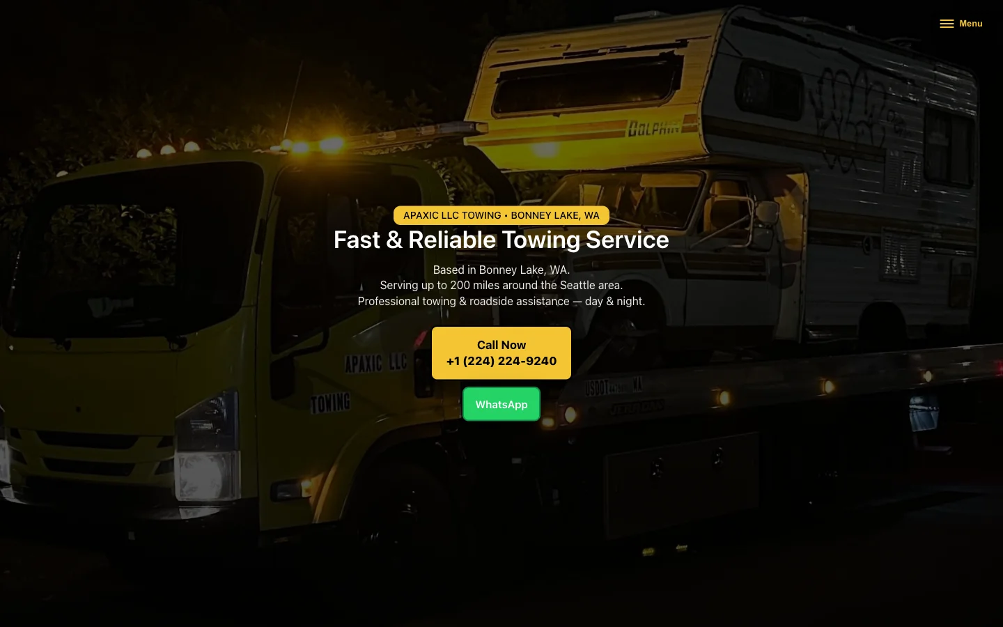 Desktop screenshot of the Apaxic Towing homepage hero, with service area details and call/WhatsApp buttons