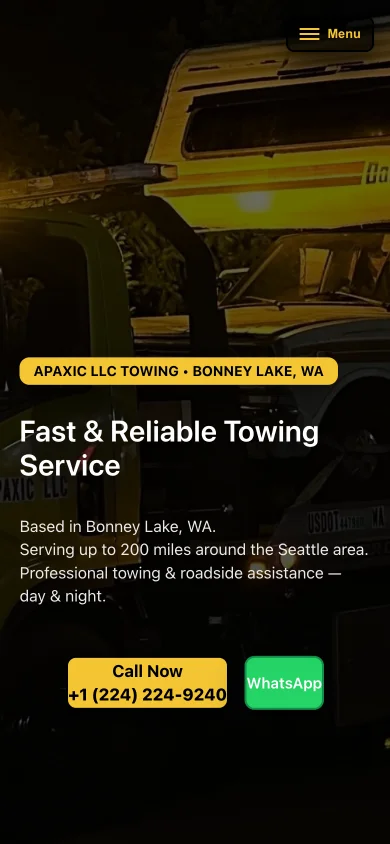 Mobile screenshot of the Apaxic Towing homepage hero, stacked full-width